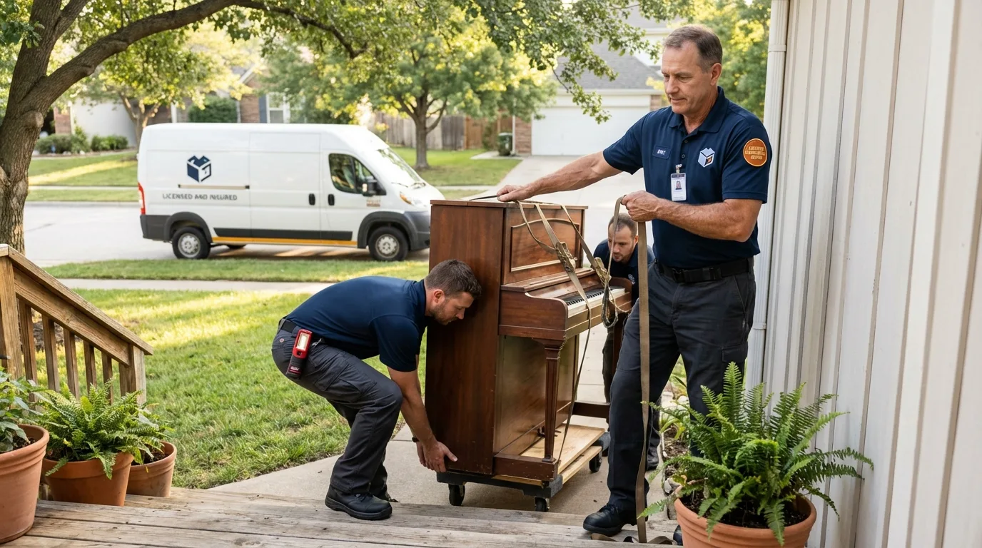 Licensed piano movers securing grand piano in Bellaire, TX