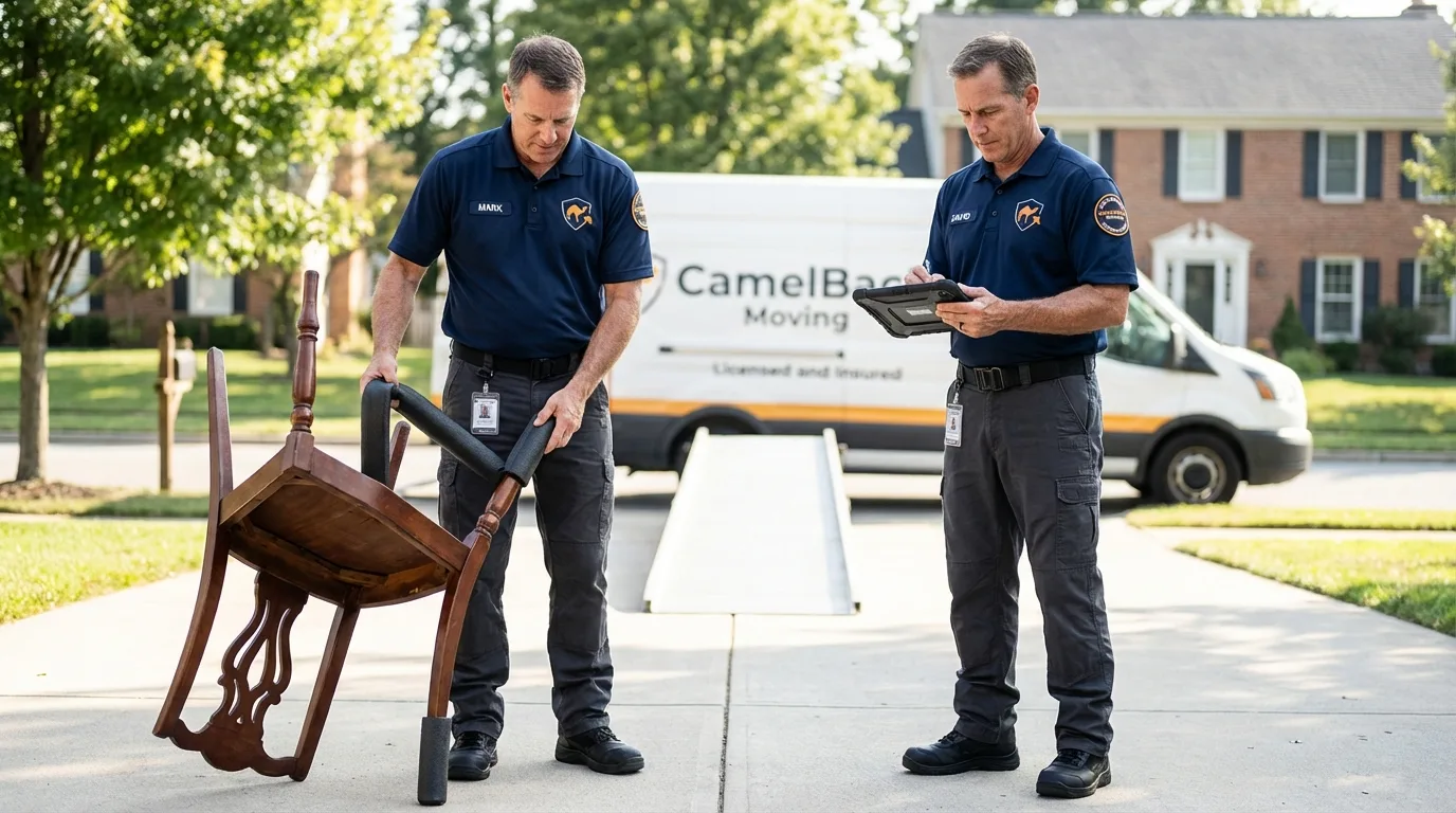 Movers inspecting furniture for damage prevention before loading in Bellaire, TX